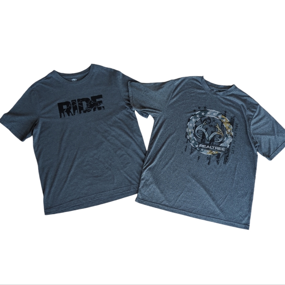 Lot of 2 Realtree/Athletic Works Graphic Crew Neck SS T-Shirts LARGE Gray